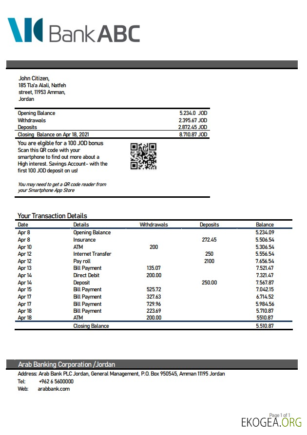 Relevé de la banque ABC de Jordanie